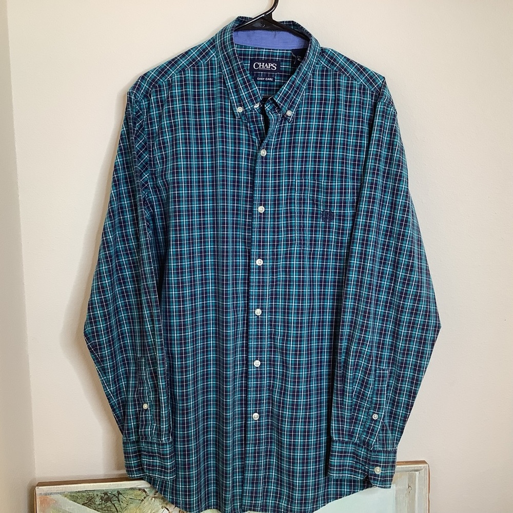 B-Chaps easy care plaid button down shirt, 2 extra buttons, logo front pocket, L